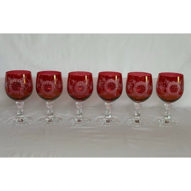 Traditional Late 19th Century Bohemian Floral Etched Cranberry Iridescent Glass Goblets, Set of 6 For Sale - Image 3 of 12