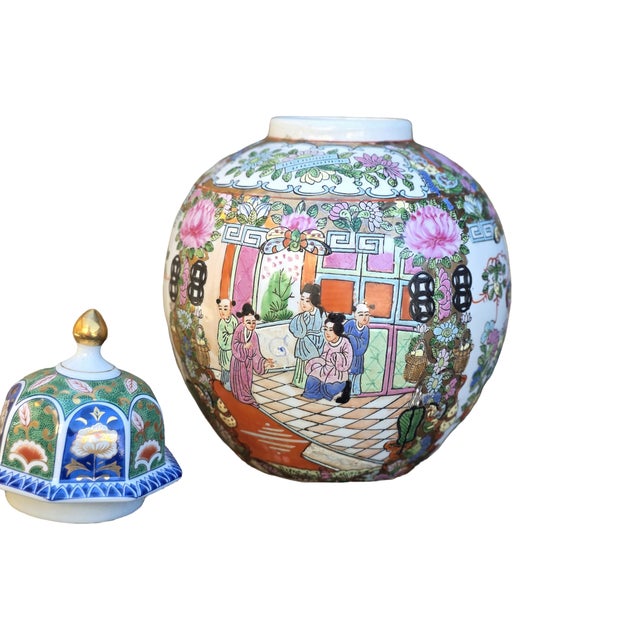 Beautiful antique Chinese famille rose porcelain ginger jar with matching lid, richly decorated with hand-painted court...