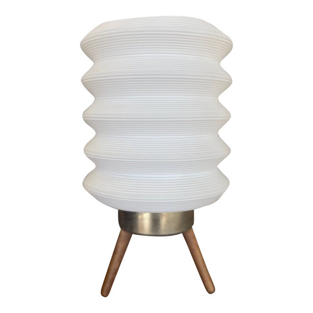 Mid-Century Modern Space-Age White Ribbed Lantern Table Lamp on Wood Tripod Base, Possibly 1960s Scandinavian Design For Sale