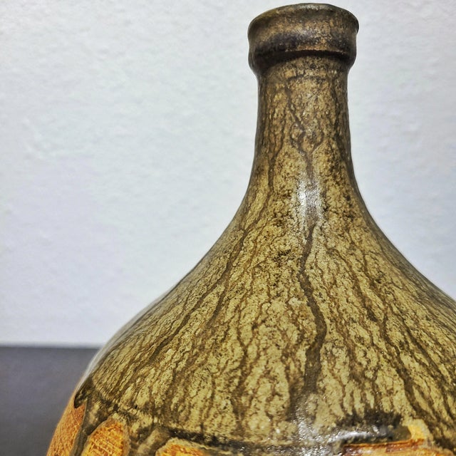 Olive Bulbous Thin Necked Studio Pottery Vase With Green Drip Glaze For Sale - Image 8 of 10