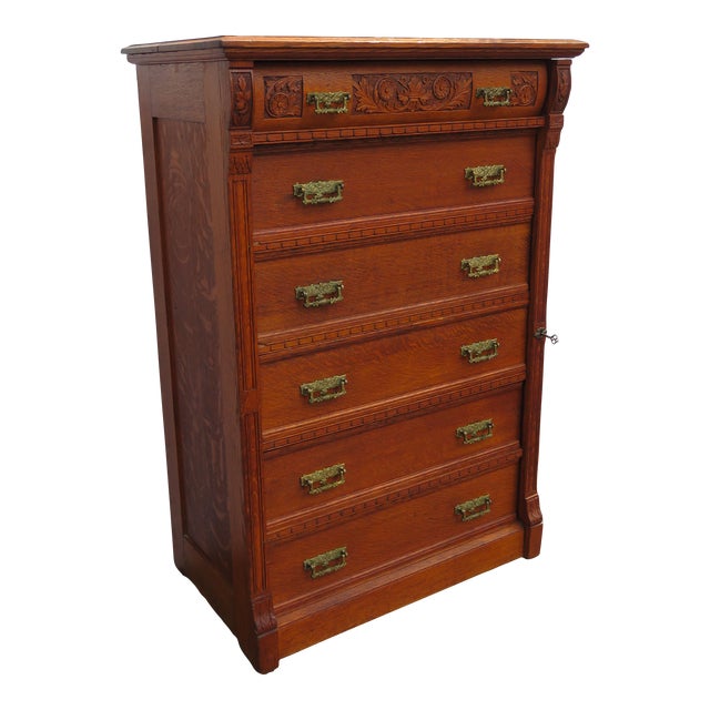 Late 1800s Carved Tiger Oak Tall Chest of Drawers With Working Key For Sale