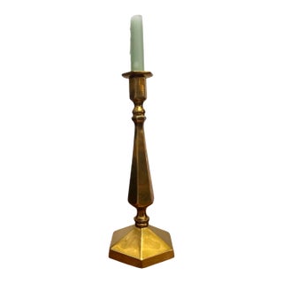 Vintage Solid Brass Hexagonal Candlestick With Faceted Stem, Mid-Century Modern For Sale