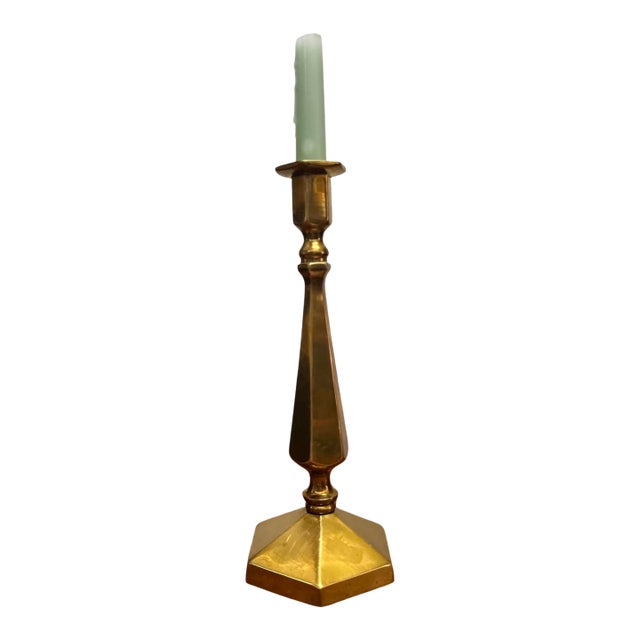Vintage Solid Brass Hexagonal Candlestick With Faceted Stem, Mid-Century Modern For Sale