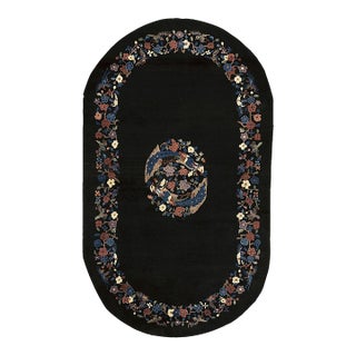 1920s Black Medallion Floral Antique Oval Chinese Art Deco Carpet 4'1" X 6'10" For Sale