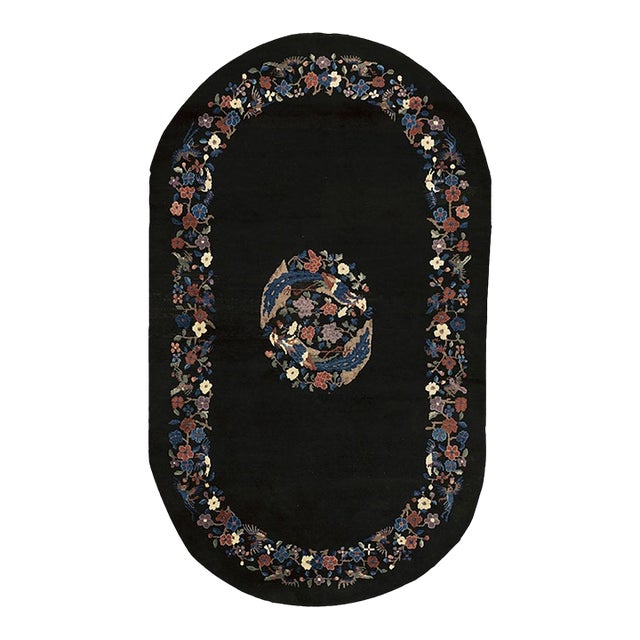 1920s Black Medallion Floral Antique Oval Chinese Art Deco Carpet 4'1" X 6'10" For Sale