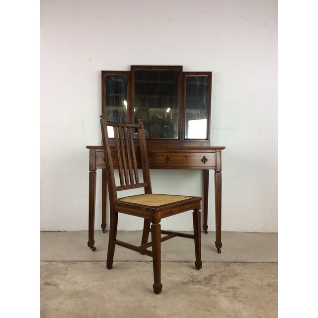 Antique Mahogany Mirrored Vanity With Locking Drawer & Caned Chair
