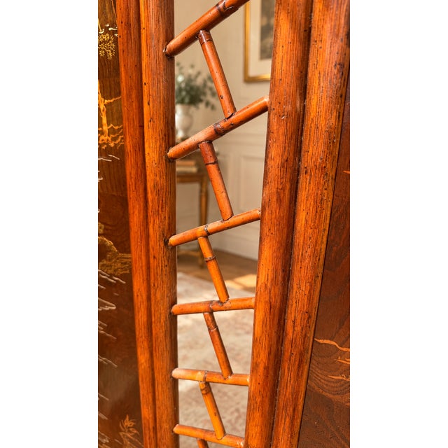 1970s Henredon Chinoiserie Bamboo King Headboard With Gilt Landscape Panels For Sale - Image 10 of 12