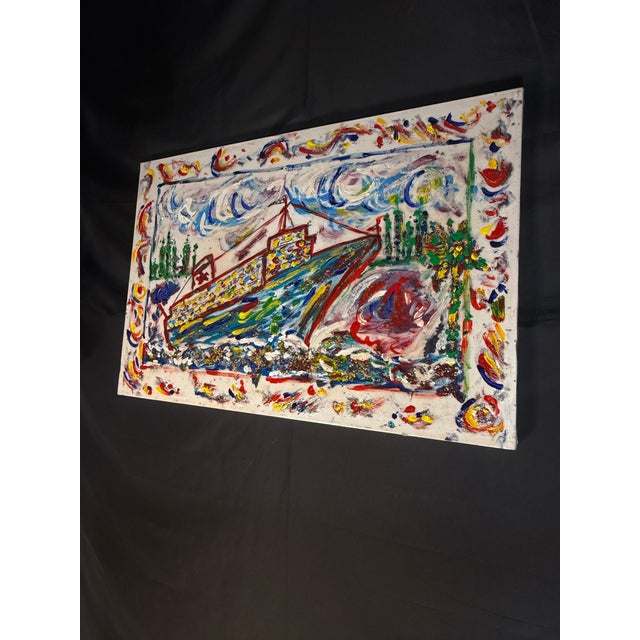 Colorful Mixed Media Boat Painting For Sale - Image 10 of 11