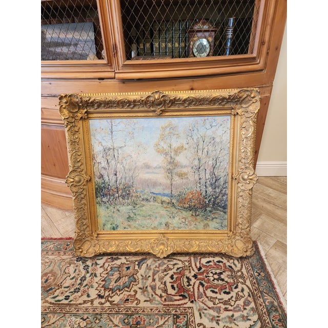 Mid 20th century oil on canvas impressionist style landscape painting signed J Palmer. The canvas measures 28" w by 24"h....