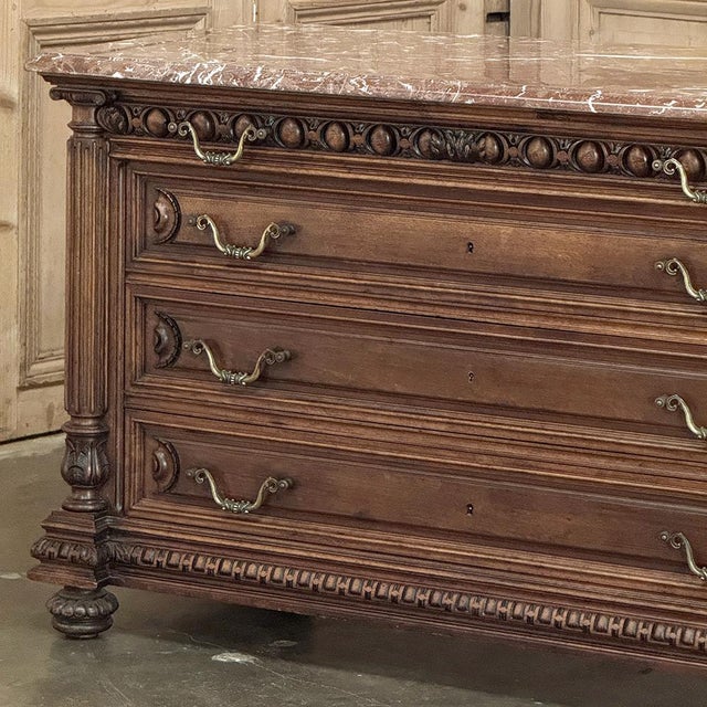 19th Century French Henry II Neoclassical Walnut Commode With Rouge Marble For Sale - Image 11 of 18