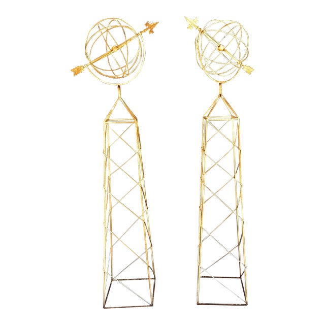 Vintage French Style White Trellis With Spinning Orb and Arrow Garden Statues - a Pair For Sale
