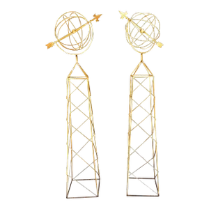 Vintage French Style White Trellis With Spinning Orb and Arrow Garden Statues - a Pair