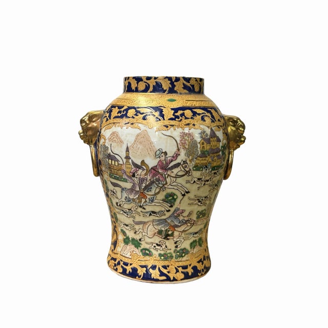 Chinese Oriental Porcelain People Scenery Foo Dog Round Fat Vase For Sale In San Francisco - Image 6 of 7