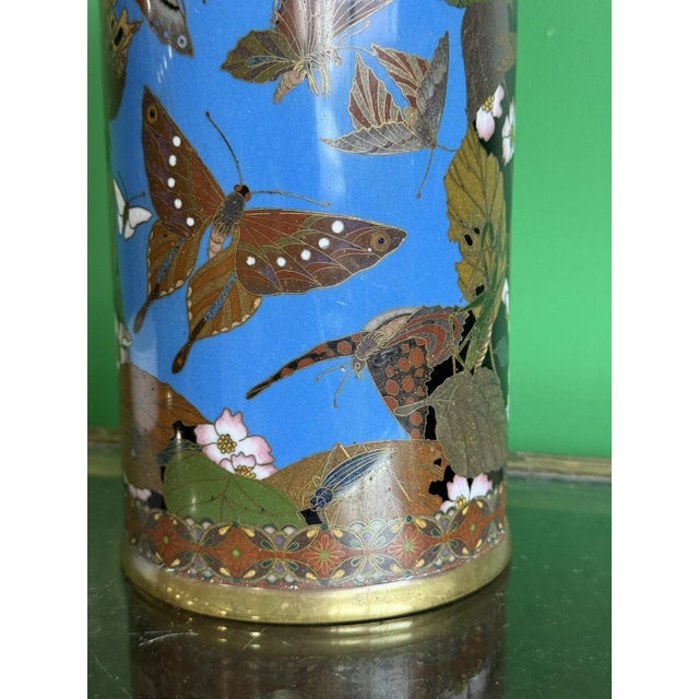 Meiji Period Japanese Cloisonne Enamel Vase With Birds Butterflies and Insects For Sale - Image 10 of 18