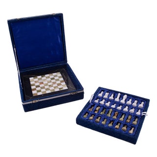 Marble Chess Game in Blue Velvet Box, 1900s For Sale