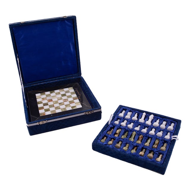 Marble Chess Game in Blue Velvet Box, 1900s For Sale