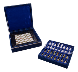Marble Chess Game in Blue Velvet Box, 1900s