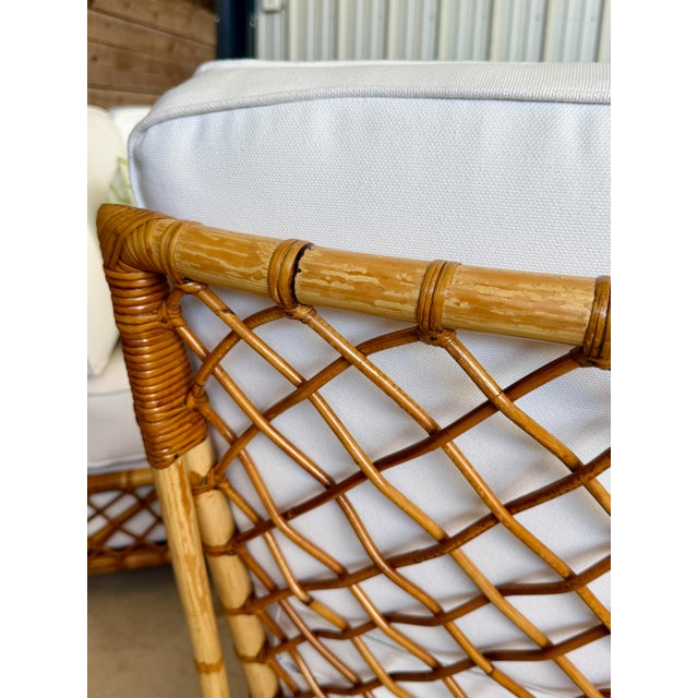 White Mid-Century Rattan Three-Piece Curved Sectional Sofa With New Sunbrella For Sale - Image 8 of 12