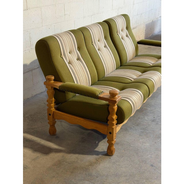 Vintage Danish Oak Sofa in Style of Henning Kjærnulf Green Striped Upholstery Mid Century For Sale - Image 10 of 10