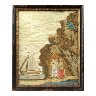 British Woolwork of a Family of Man, Wife and Child on the Seashore With Ship in Bay For Sale