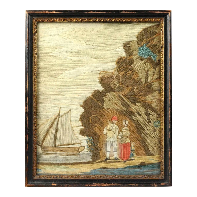 British Woolwork of a Family of Man, Wife and Child on the Seashore With Ship in Bay For Sale