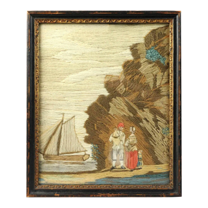 British Woolwork of a Family of Man, Wife and Child on the Seashore With Ship in Bay