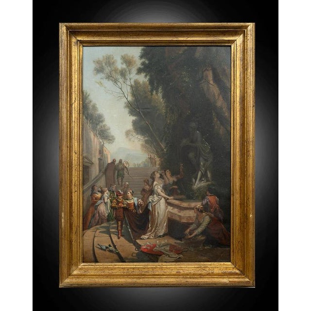 Antique oil painting on canvas of Venetian origin depicting a genre scene in an aristocratic setting. The scene is set in...