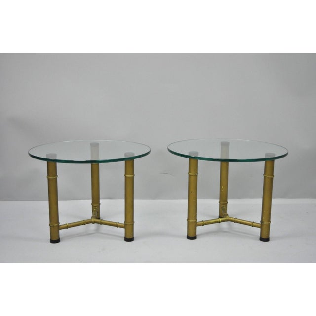 Vintage Hollywood Regency Style Faux Bamboo Glass Top End Tables