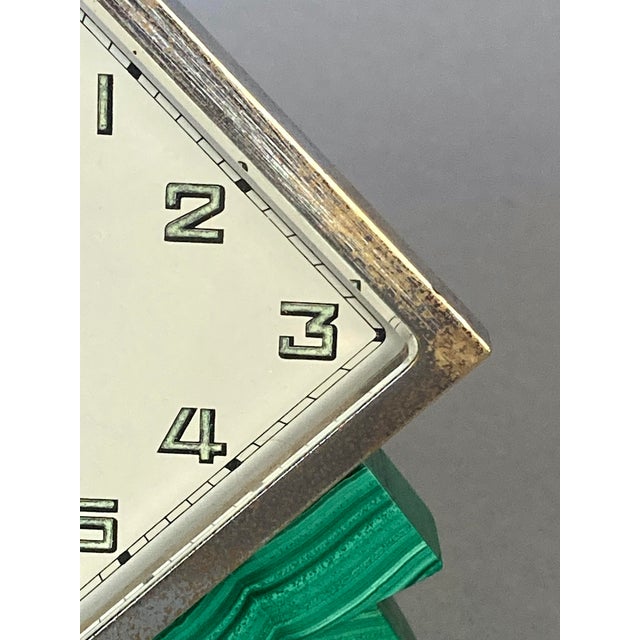 1920s 1920s Swiss 8-Day Windup Art Deco Clock With Malachite Features, Onyx Base For Sale - Image 5 of 6