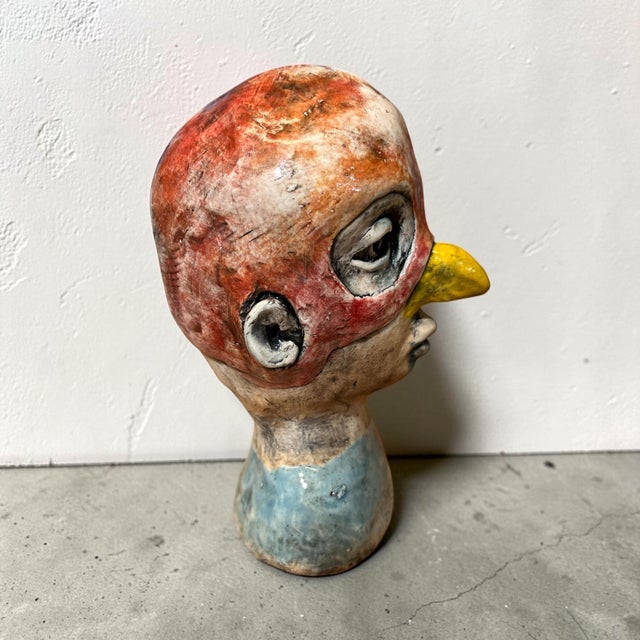 1970s Signed Studio Art Pottery Surrealist Bird Mask Figural Ceramic Bust For Sale In West Palm - Image 6 of 8