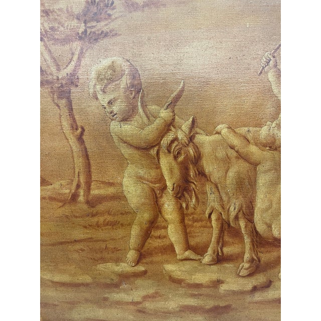 This is a painting in the style of grisaille which uses monochromatic tones of warm brown to simulate a bas-relief. Three...