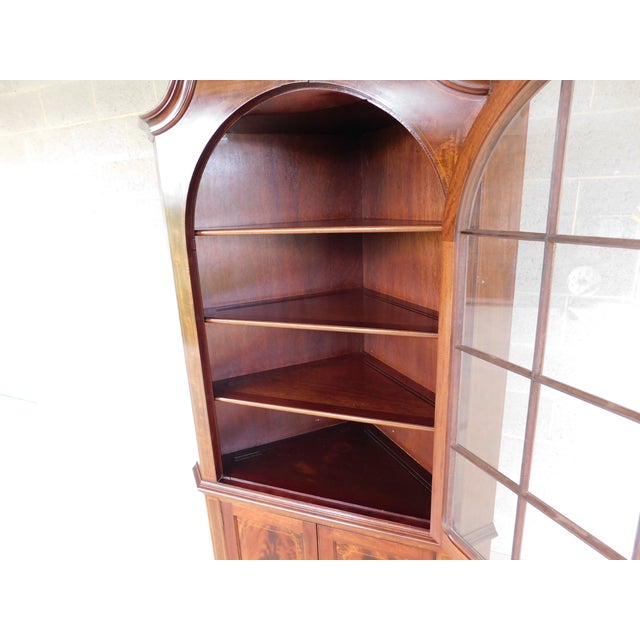 Potthast Federal Style Mahogany Inlay Corner Cabinet Top Single 12 Pane Glass Door, Figured Mahogany Lower Doors, Fine...