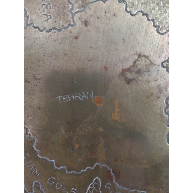 Vintage, circa 1950's hand etched brass, deep rimmed tray. Middle east geographic motif. Signed.