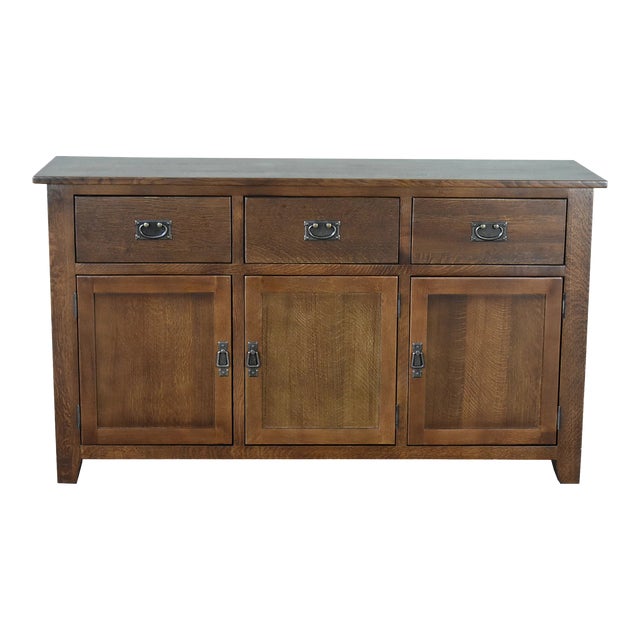 Crafters and Weavers Mission Solid Oak 3 Drawer 3 Door Sideboard - Walnut For Sale