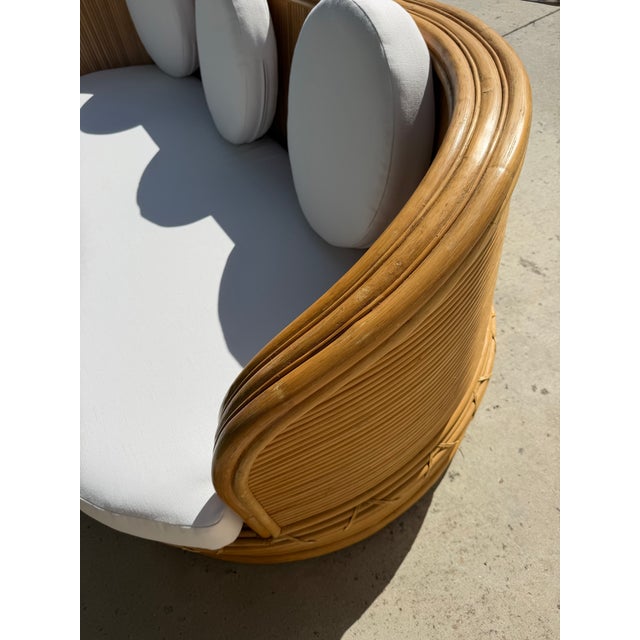 1980s Vintage Curved Pencil Reed Rattan Sofa, With New Sunbrella Upholstery For Sale - Image 14 of 14