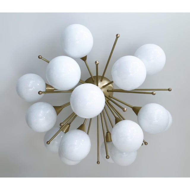 Italian sputnik flush mount with glossy white Murano glass globes mounted on solid brass frame in satin brass finish /...