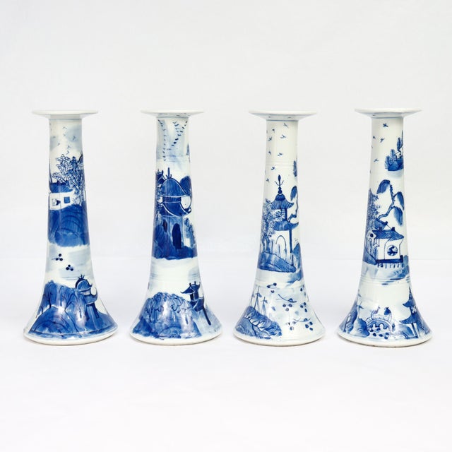 Set of 4 Chinese Export Blue & White Canton Porcelain Candlesticks For Sale - Image 4 of 18