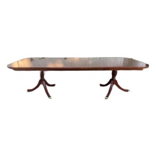 1980s Double Pedestal Dining Table With Satinwood Inlay and Extension Leaves For Sale