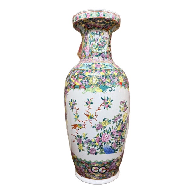 Vintage Hand-Painted Famille Rose Ceramic Vase For Sale