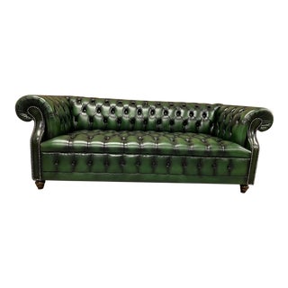 Vintage Mid-Century English Leather Tufted Seat Chesterfield 3 Seat Sofa, Green For Sale