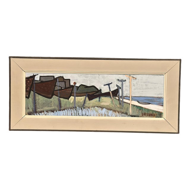 Ivar Ekelund, Coastal Landscape with Beached Boats, 1950s, Oil on Panel, Framed For Sale