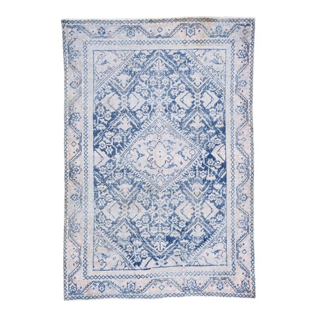 1960s Vintage Mahal Shabby Chic Handmade Medallion Navy Blue Wool Rug For Sale