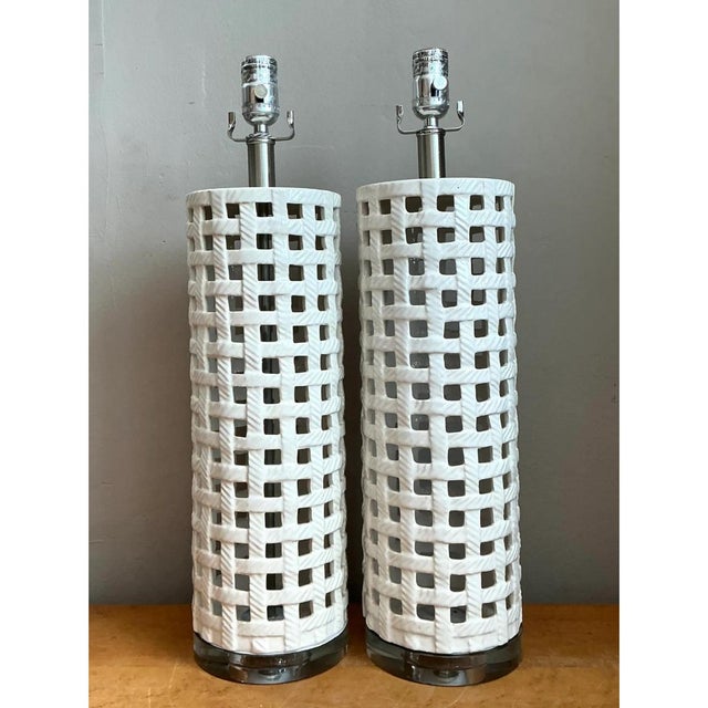 Vintage Lattice Ceramic and Chrome Lamps - Pair For Sale - Image 11 of 12