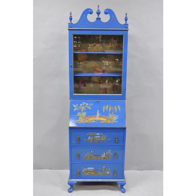 Vintage Chinoiserie Blue Hand Painted Gold Gilt Narrow Bookcase Secretary Desk For Sale - Image 18 of 18