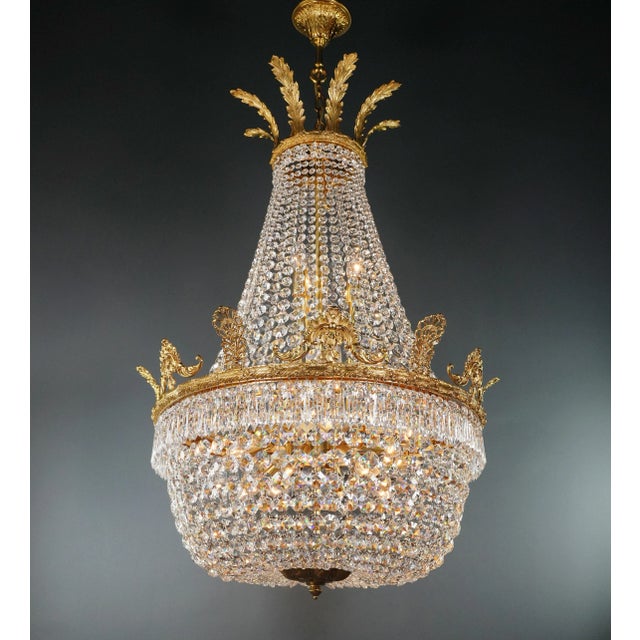 2020s 21st Century Brass Basket Empire Sac a Pearl Chandelier Crystal and Antique Gold For Sale - Image 5 of 12