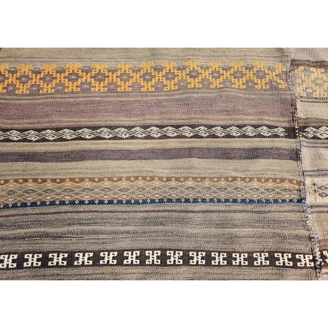 Antique Uzbek Tribal Soumak Kilim, Flat-Woven Wool, Stripe Pattern, Earth Tones, 5x8 For Sale - Image 11 of 14