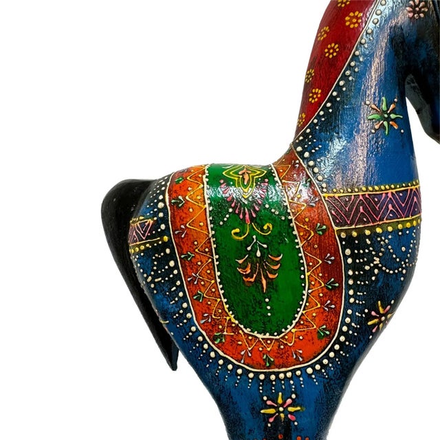 Art Deco 1960s Handcrafted 19" Wood Horse Statue for Tabletop Decor | Vibrant Hand Painted Indian Folk Art Sculpture | Unique Equestrian Housewarming Gift For Sale - Image 3 of 5