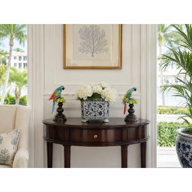 Pair of Italian Majolica Ceramic Parrot Sculptures on Pedestals For Sale - Image 12 of 12