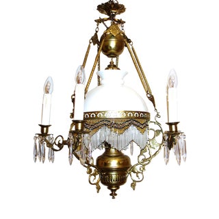 Antique French Brass Glass Bead Seven-Light Chandelier, 1920s For Sale