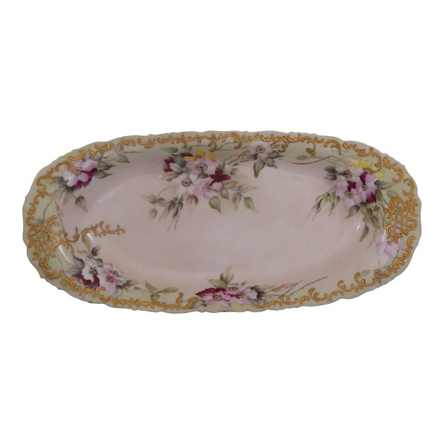 Antique Haviland Limoges Hand Painted Floral Relish / Serving Tray With Heavy Gilt Decoration Circa 1890–1910 For Sale